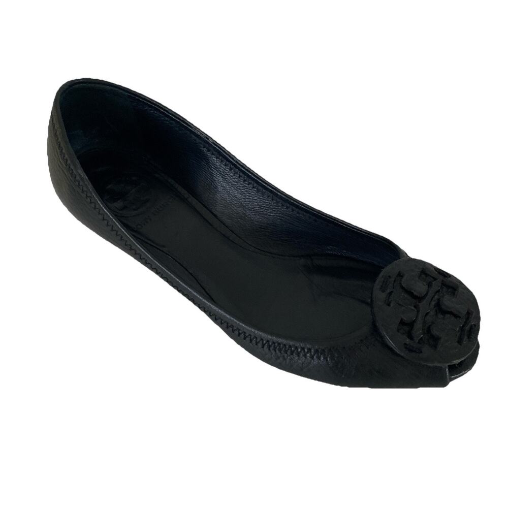 Tory Burch Kitty Tumbled Leather Black Wedge Pump Peep Toe Slip On Tonal Logo 6